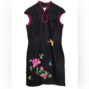 Y2K Cap Sleeve Asian Inspired Knee Length Black Floral And Butterfly Embroidered